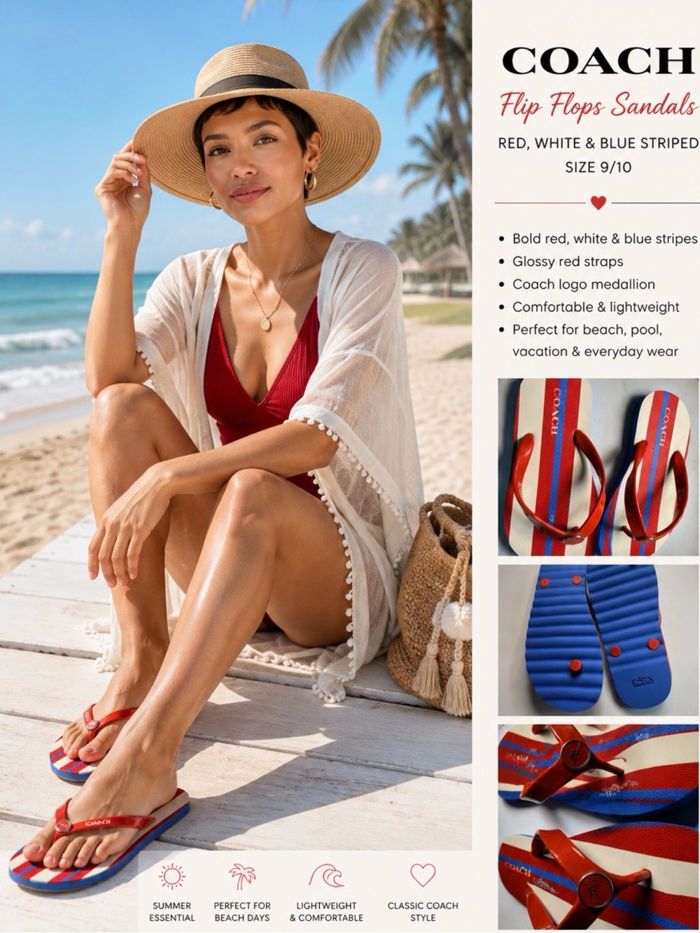 COACH Red, White & Blue Women's Striped Flip Flop Sandals NWOT